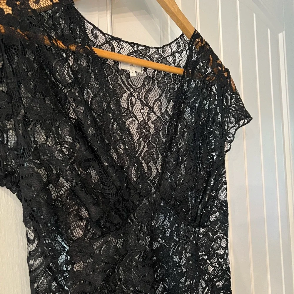 Ruth Anthropologie Elegant Black Teal Lace Silk Slip Dress Size 4 - Picture 6 of 12